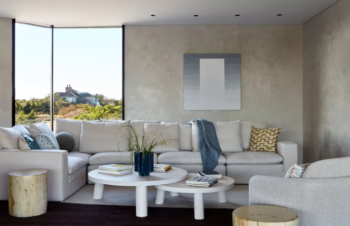 interior living room with plaster walls and organic materials